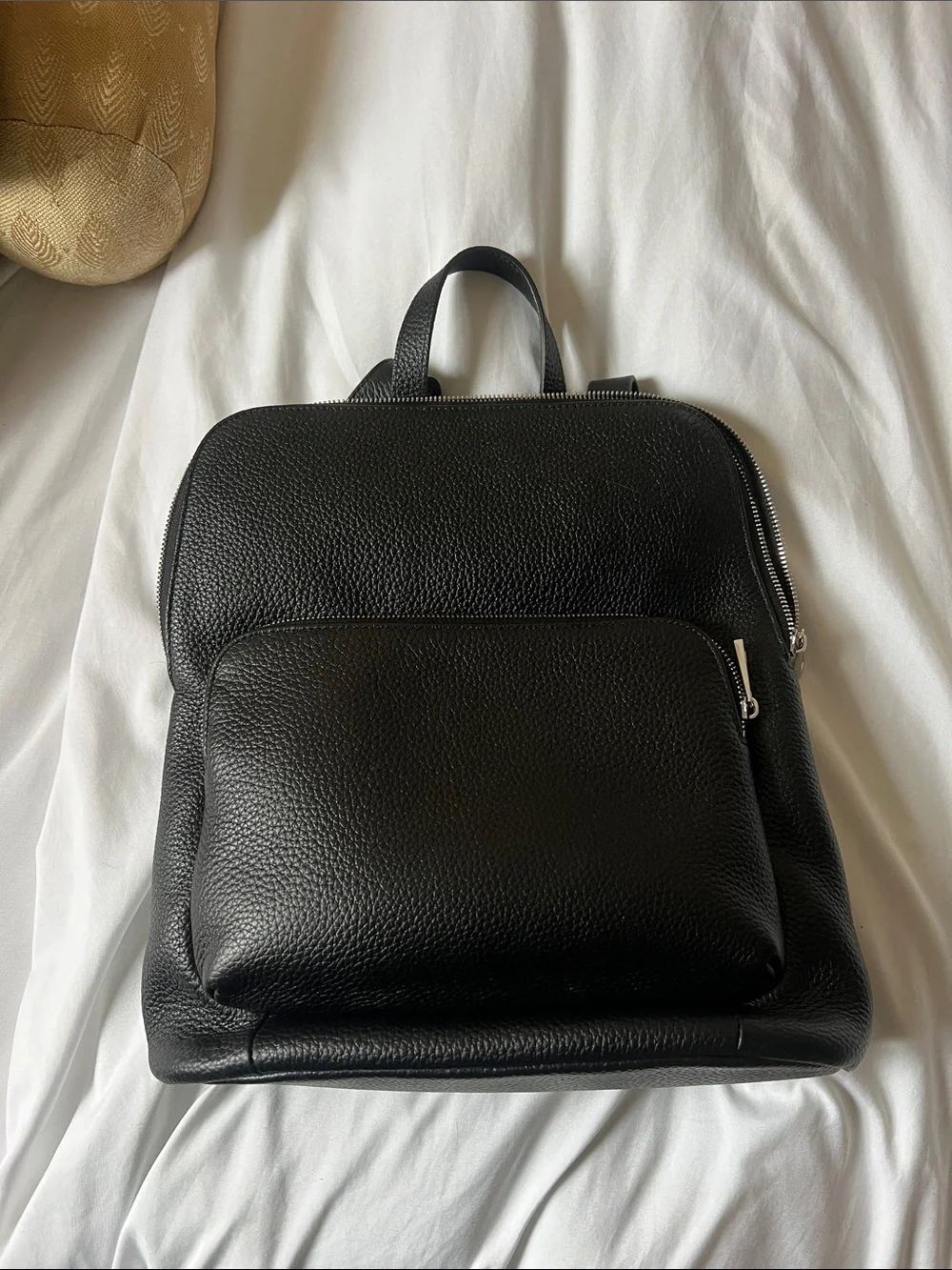Quince Black Pebbled Leather Laptop Backpack with Front Pocket